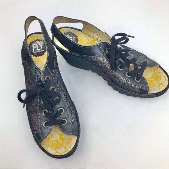 Fly London Black Metallic Perforated Leather Slingback Lace Up Chunky Wedges - Picture 3 of 16